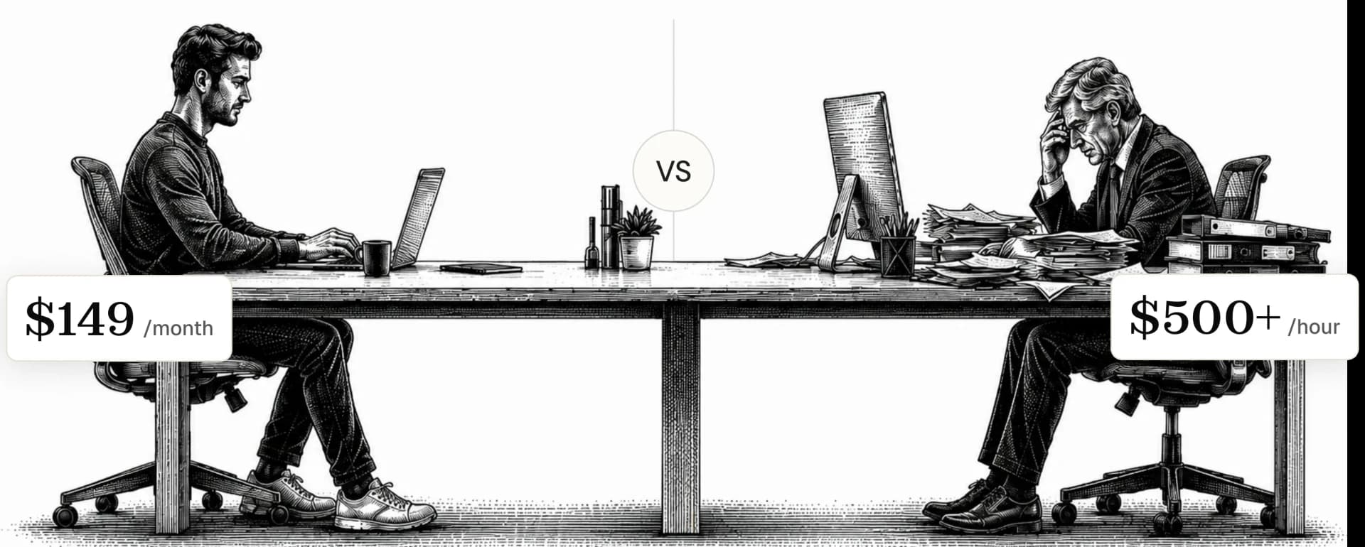 Comparison between Inhouse at $149 per month and traditional lawyer at $500 plus per hour